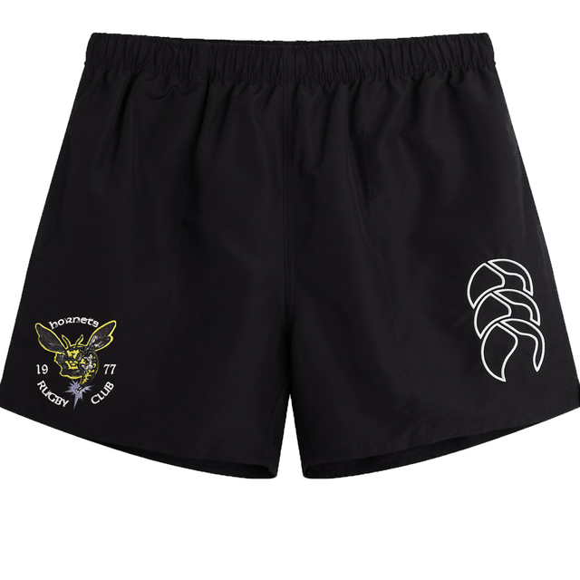 Black men's lightweight Potomac Exiles Rugby Club Tactic Shorts by EMB Canterbury, inspired by classic Canterbury shorts, featuring the club logo with "Potomac Exiles Rugby Club" on the left leg and a white abstract design on the right leg.
