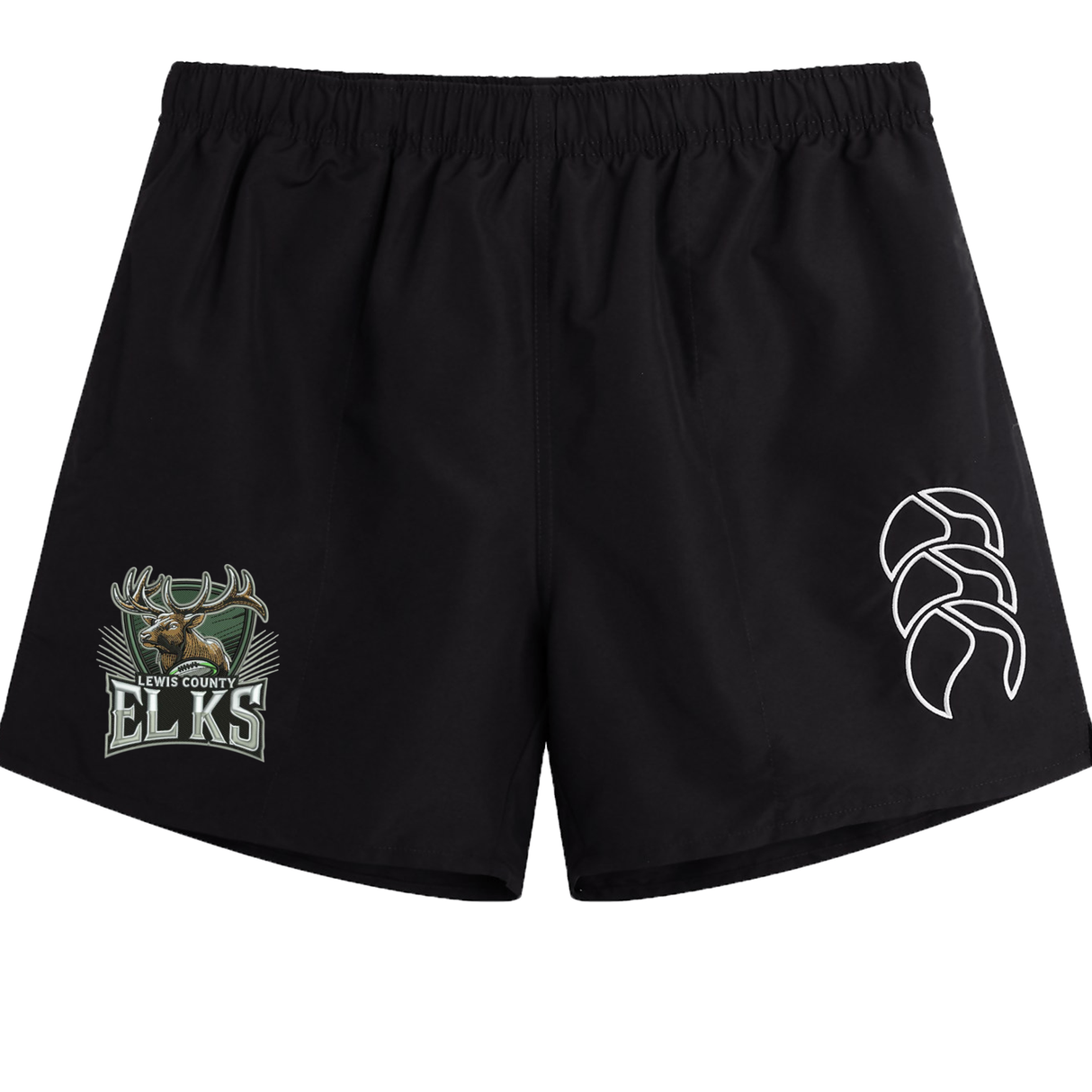 The Lewis County Elks Tactic Short by Canterbury features an embroidered “Lewis County Elks” elk logo on the left leg and a striking white abstract design on the right. Crafted by EMB Canterbury, these men’s rugby shorts combine classic durability with bold, team-inspired style.