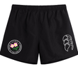 The EMB Canterbury Society of Iowa Rugby Referees Tactic Short for men features a lightweight design with a round floral patch near the left hem and a white abstract motif on the right, offering stylish rugby shorts with a unique touch.