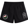The EMB Canterbury Society of Iowa Rugby Referees Tactic Short for men features a lightweight design with a round floral patch near the left hem and a white abstract motif on the right, offering stylish rugby shorts with a unique touch.