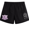 Black Western Carolina University Tactic Short by Canterbury with an elastic waistband, featuring a Western Carolina Rugby logo on the left leg and a white outline logo on the right leg.