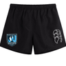 The Minneapolis Mayhem Rugby Tactic Short by Canterbury, from EMB Canterbury, features black fabric with an elastic waistband for a comfortable fit. The men’s shorts display the Minneapolis Mayhem Rugby logo on the left leg and a white stylized design on the right leg. Designed for durability and comfort, they are ideal for intense matches or training sessions.