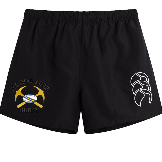 Black Mother Lode Tactic Short by Canterbury featuring a “Mother Lode Rugby” logo with crossed pickaxes and a ball on the left leg, and a white triple-lobed logo on the right leg.