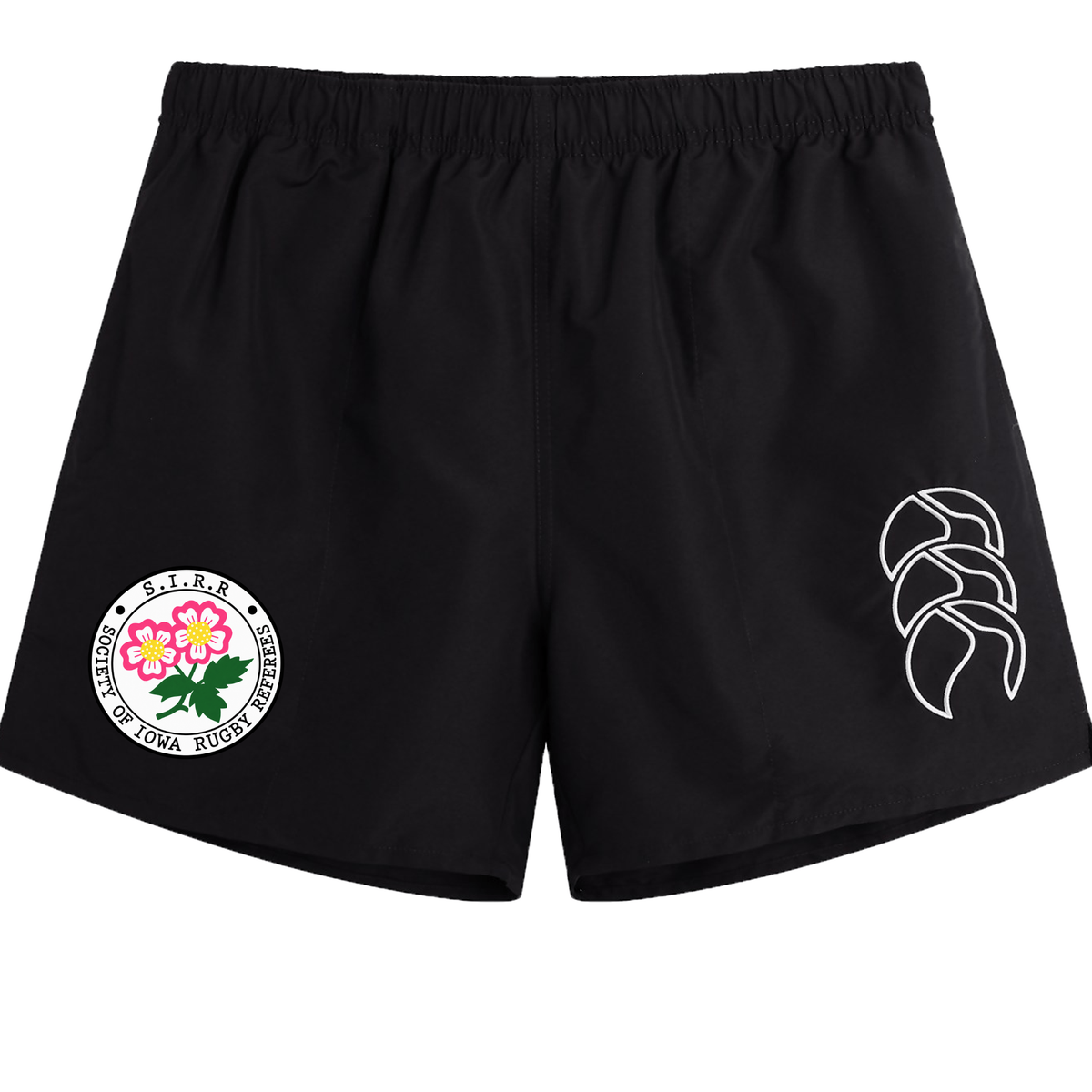 Introducing the Society of Iowa Rugby Referees Tactic Short by EMB Canterbury—black athletic shorts designed for men’s rugby. Featuring a distinctive white and pink floral patch on the left side and a white abstract design on the right, these lightweight Canterbury sports shorts offer both style and comfort, making them perfect for rugby enthusiasts.