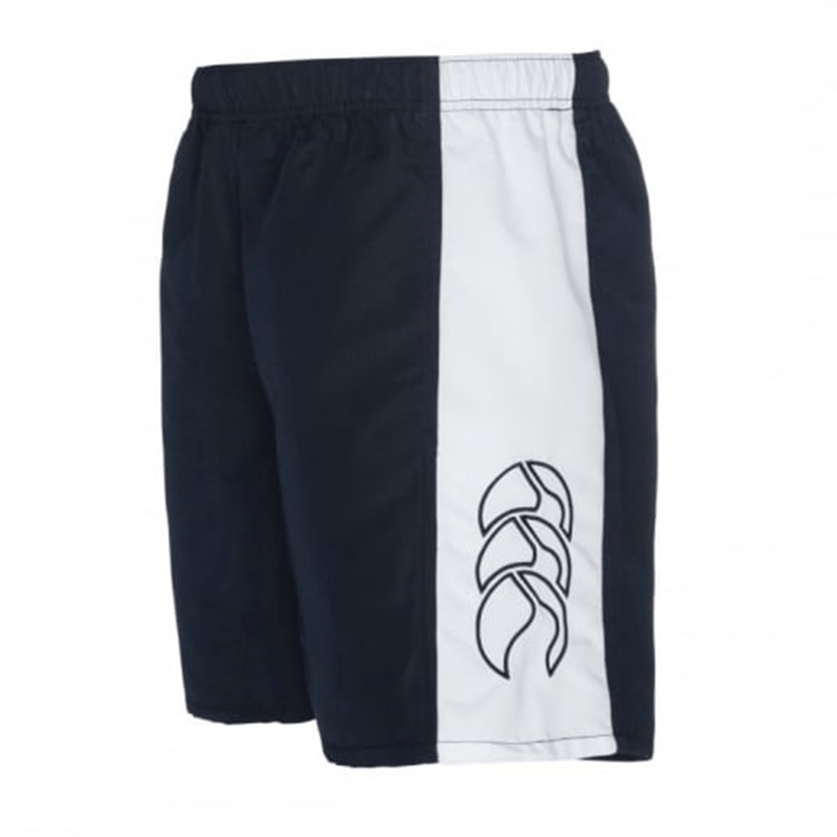 The Canterbury Panelled Tactic Shorts by Canterbury are made of polyester taslon and feature a navy blue design with a white vertical panel on the left side and a stylized black logo. The moisture-wicking material keeps you cool and dry.
