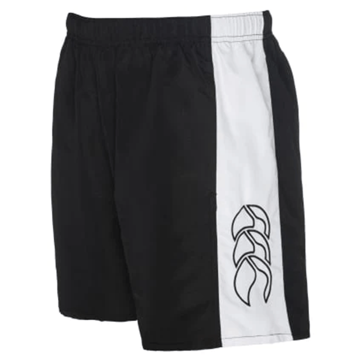 The black and white Canterbury Panelled Tactic Short by Canterbury features an elastic waistband, is made from moisture-wicking polyester taslon, and showcases a logo on the white side panel.