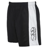 The black and white Canterbury Panelled Tactic Short by Canterbury features an elastic waistband, is made from moisture-wicking polyester taslon, and showcases a logo on the white side panel.