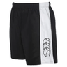 The black and white Canterbury Panelled Tactic Short by Canterbury features an elastic waistband, is made from moisture-wicking polyester taslon, and showcases a logo on the white side panel.