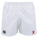 These University of Alabama Rugby Player's Drill Shorts by EMB Canterbury are white with a black logo on the left and a small red-and-white emblem on the right, made from recycled fabric for sustainable style.