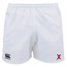 These University of Alabama Rugby Player's Drill Shorts by EMB Canterbury are white with a black logo on the left and a small red-and-white emblem on the right, made from recycled fabric for sustainable style.