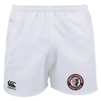 Liberty Lake Warriors Player's Drill Short in white, showcasing the Liberty Warriors Rugby Club logo alongside an EMB Canterbury logo, made from recycled fabric.