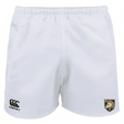 The West Point Player's Drill Short by EMB Canterbury showcases white athletic shorts with a Canterbury logo on the left and a star logo accompanied by crossed rifles on the right, all made from recycled fabric for an environmentally friendly option.