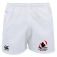 The Rugby Michigan Referee Society Player's Drill Short by EMB Canterbury showcases the Canterbury logo on the left leg and is made from recycled fabric, featuring "Rugby Michigan Referee" and a silhouette graphic on the right leg.