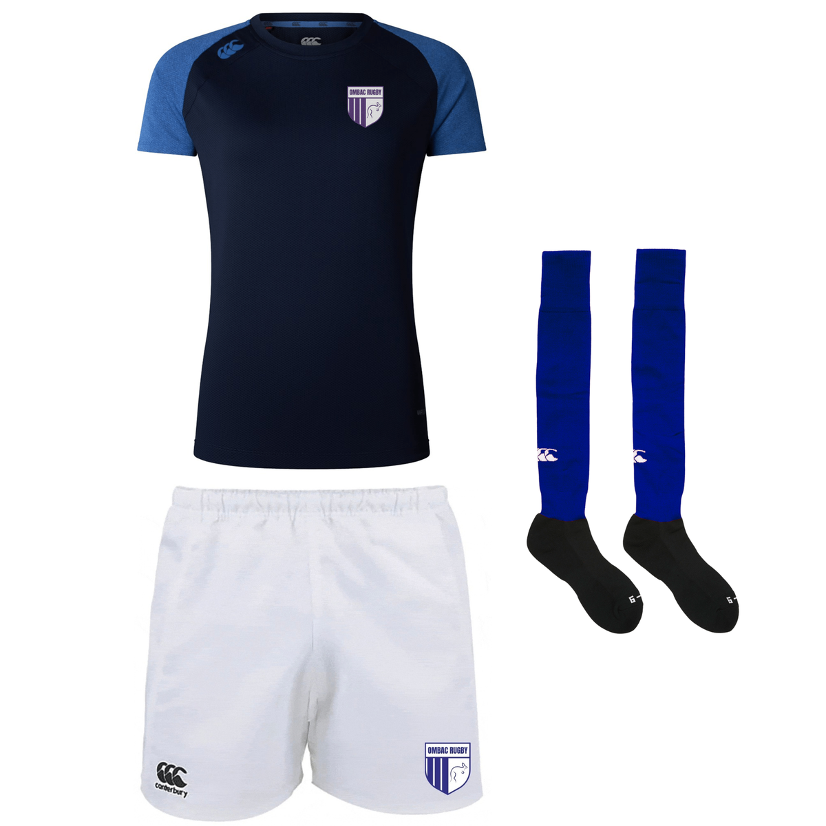 The OMBAC Girls Training Kit by Bundle includes a navy and blue short-sleeved rugby jersey, white shorts, and long blue socks, all featuring the crest and logo on both the jersey and shorts.