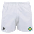 The Blackthorn Barbarians Inclusive Rugby Player's Drill Shorts by EMB Canterbury are made from recycled fabric and showcase a black Canterbury logo on the left leg, along with a circular green and yellow emblem on the right leg.