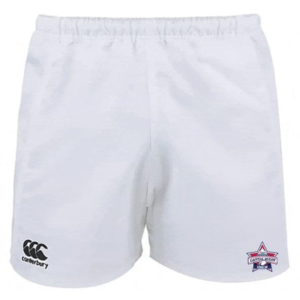 Capital Selects Player's Drill Shorts by EMB Canterbury, designed from recycled fabric, showcase the Canterbury logo on the left leg and a star emblem on the right.