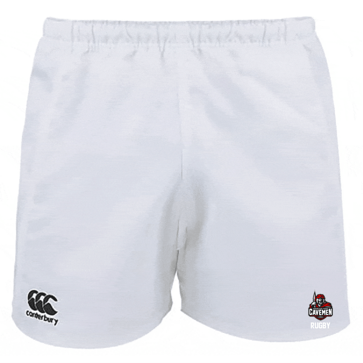 The American Fork Cavemen Player's Drill Short by EMB Canterbury, made from recycled fabric, features the "Canterbury" logo on the left and "Cavemen Rugby" logo on the right, representing sustainable athletic wear.
