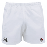 The American Fork Cavemen Player's Drill Short by EMB Canterbury, made from recycled fabric, features the "Canterbury" logo on the left and "Cavemen Rugby" logo on the right, representing sustainable athletic wear.
