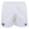 The American Fork Cavemen Player's Drill Short by EMB Canterbury, made from recycled fabric, features the "Canterbury" logo on the left and "Cavemen Rugby" logo on the right, representing sustainable athletic wear.