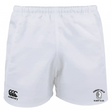 The Forest Hills Rugby Player's Drill Short by EMB Canterbury features recycled white fabric, the Canterbury logo on the left leg, and the Forest Hills Rugby Club logo on the right.