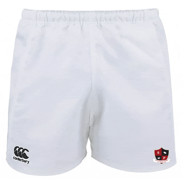 The Southern Pines Youth Rugby Player's Drill Shorts by EMB Canterbury display the brand logo on the left and "SP" crest on the right. Made from recycled fabric, they offer both comfort and style, highlighting our dedication to sustainable sportswear.