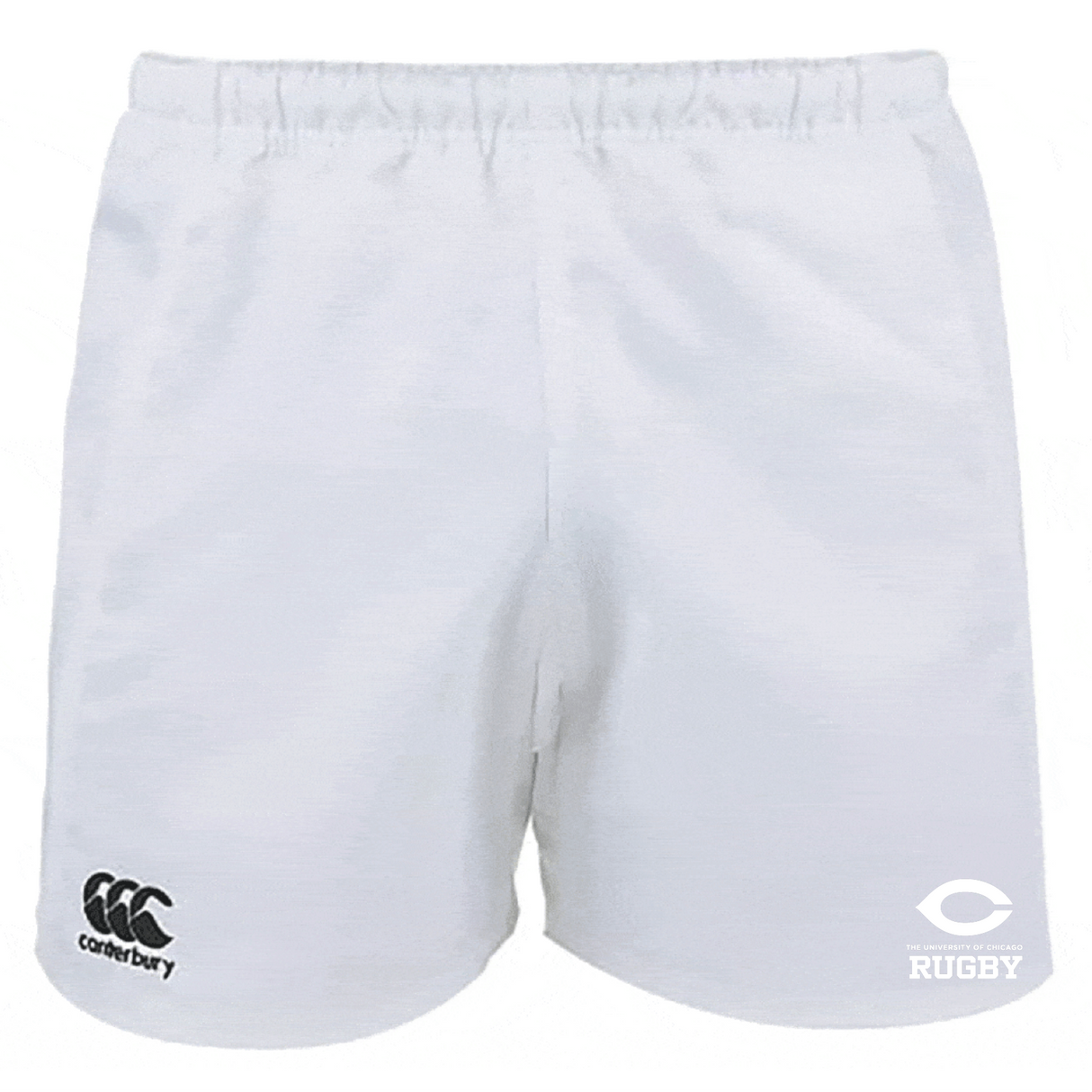 The University of Chicago Player's Drill Shorts by EMB Canterbury boast a sleek design with a black logo and white "Rugby" logo. Made from recycled fabric, they represent sustainable sportswear, fusing performance with eco-friendliness.