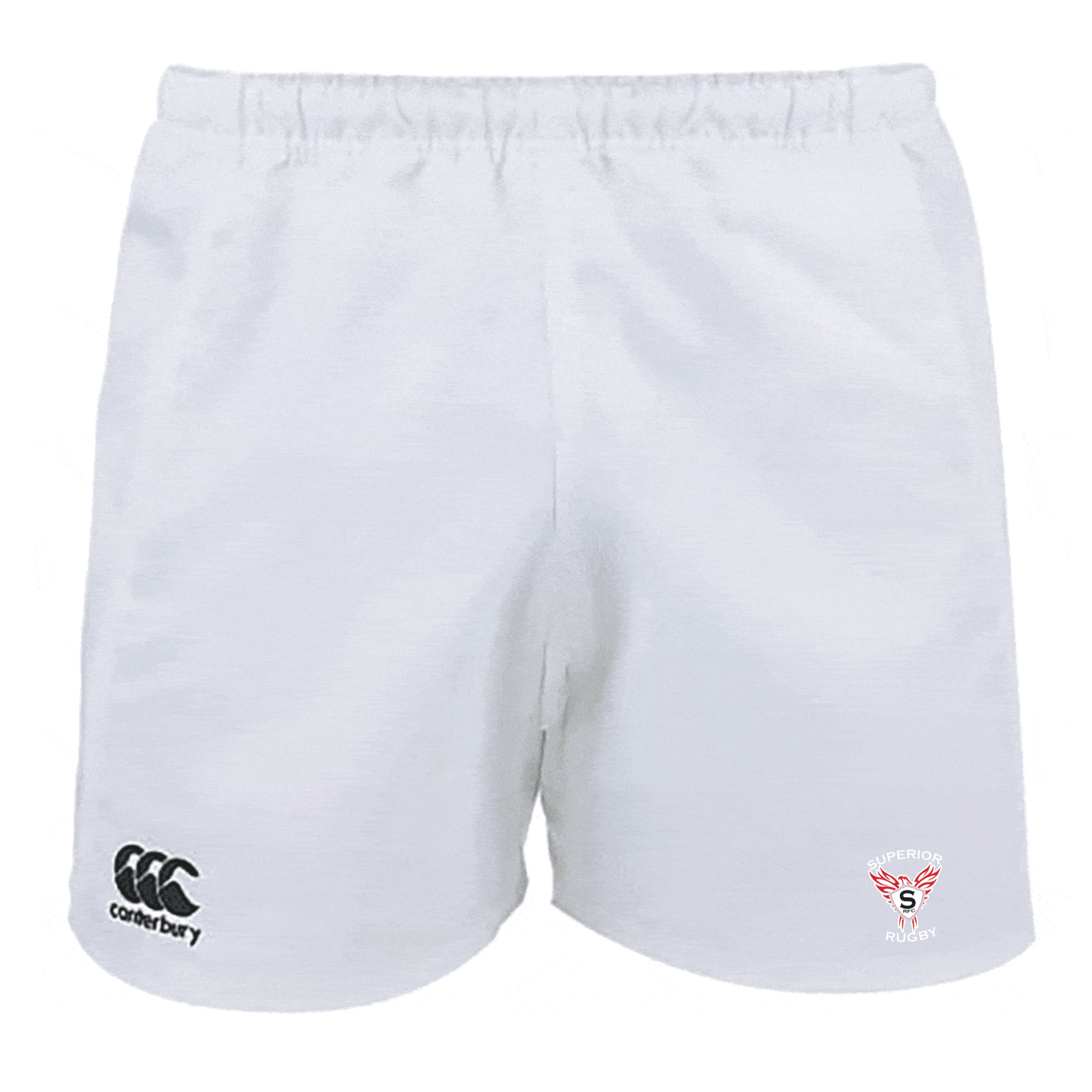 The EMB Canterbury Superior Rugby Club Advantage Rugby Shorts feature moisture-wicking fabric, an elastic waistband, the Canterbury logo on the left leg, and the Superior Rugby logo on the right leg.
