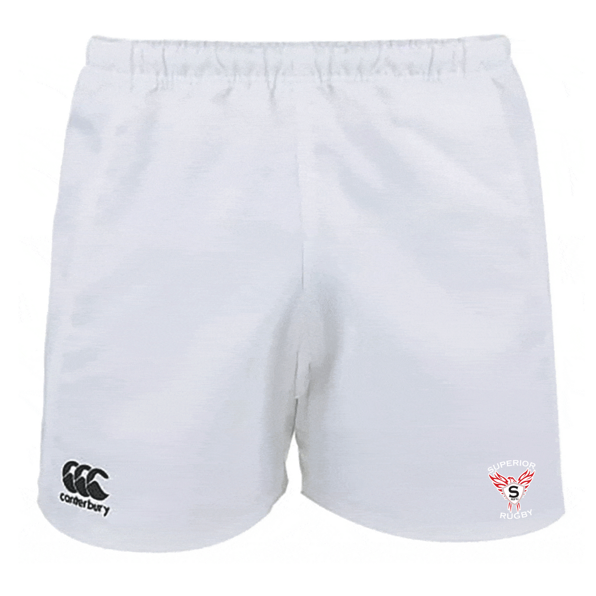 The EMB Canterbury Superior Rugby Advantage Rugby Shorts are white with an elastic waistband, a black CCC logo on the left leg, and a red "Superior Rugby" logo on the right. Designed for comfort and moisture-wicking performance.