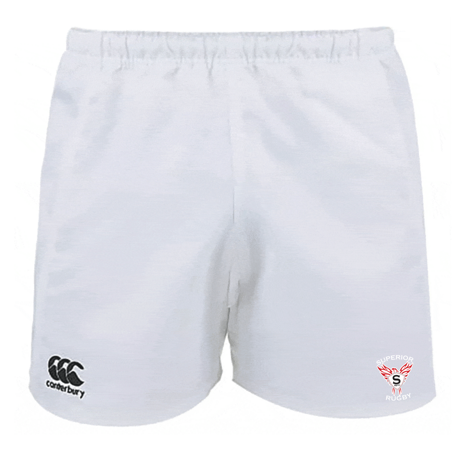 The EMB Canterbury Superior Rugby Advantage Rugby Shorts are white with an elastic waistband, a black CCC logo on the left leg, and a red "Superior Rugby" logo on the right. Designed for comfort and moisture-wicking performance.