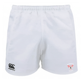 The EMB Canterbury Superior Rugby Advantage Rugby Shorts are white with an elastic waistband, a black CCC logo on the left leg, and a red "Superior Rugby" logo on the right. Designed for comfort and moisture-wicking performance.