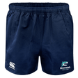 The NC Rugby Academy - Megalodons Advantage Rugby Shorts by EMB Canterbury feature a navy blue design, elastic waistband, white Canterbury logo, and academy emblem for comfort and moisture wicking during performance.