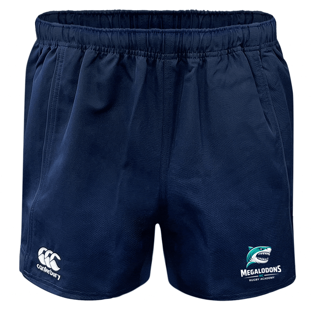 The NC Rugby Academy - Megalodons Advantage Rugby Shorts by EMB Canterbury feature a navy blue design, elastic waistband, white Canterbury logo, and academy emblem for comfort and moisture wicking during performance.