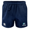 The NC Rugby Academy - Megalodons Advantage Rugby Shorts by EMB Canterbury feature a navy blue design, elastic waistband, white Canterbury logo, and academy emblem for comfort and moisture wicking during performance.
