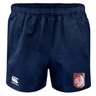 Montgomery Bucks Griffins Advantage Rugby Shorts by EMB Canterbury in navy blue with an elastic waistband, a white Canterbury logo on the left leg, and a red MBRFC lion crest on the right leg.