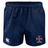 The SF CDME Rugby Advantage Rugby Shorts by EMB Canterbury are navy blue rugby shorts featuring an elastic waistband, the iconic Canterbury logo on the left leg, and a red cross emblem with "COWE RUGBY" on the right leg. These shorts offer moisture-wicking properties to keep you comfortable during intense play.