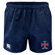 The SF CDME Rugby Advantage Rugby Shorts by EMB Canterbury are navy blue rugby shorts featuring an elastic waistband, the iconic Canterbury logo on the left leg, and a red cross emblem with "COWE RUGBY" on the right leg. These shorts offer moisture-wicking properties to keep you comfortable during intense play.