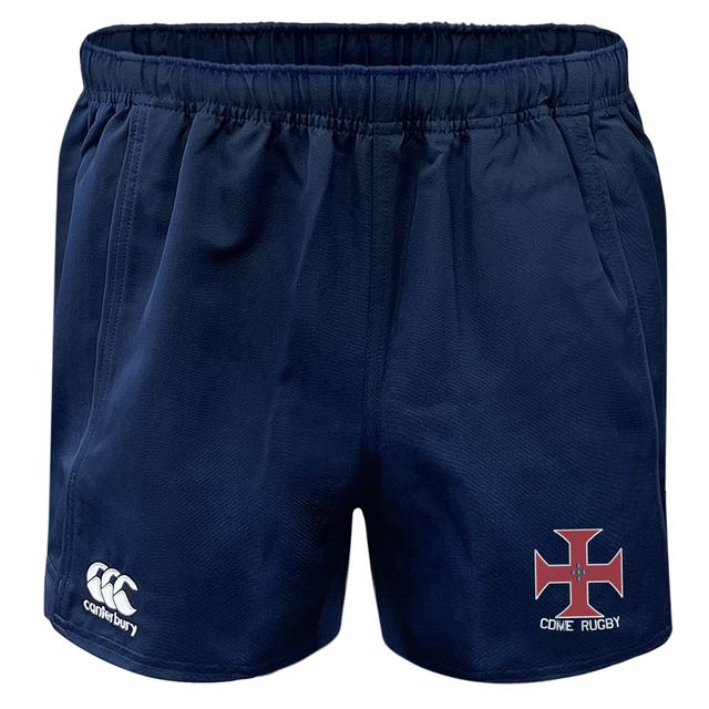 The SF CDME Rugby Advantage Rugby Shorts by EMB Canterbury are navy blue rugby shorts featuring an elastic waistband, the iconic Canterbury logo on the left leg, and a red cross emblem with "COWE RUGBY" on the right leg. These shorts offer moisture-wicking properties to keep you comfortable during intense play.