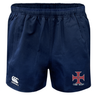 The SF CDME Rugby Advantage Rugby Shorts by EMB Canterbury are navy blue rugby shorts featuring an elastic waistband, the iconic Canterbury logo on the left leg, and a red cross emblem with "COWE RUGBY" on the right leg. These shorts offer moisture-wicking properties to keep you comfortable during intense play.