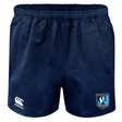 Minneapolis Mayhem Rugby Advantage Rugby Shorts by EMB Canterbury feature a navy blue design with an elastic waistband, are made from moisture-wicking fabric, and display the Canterbury logo on the left leg and the Minneapolis Mayhem Rugby logo on the right leg.