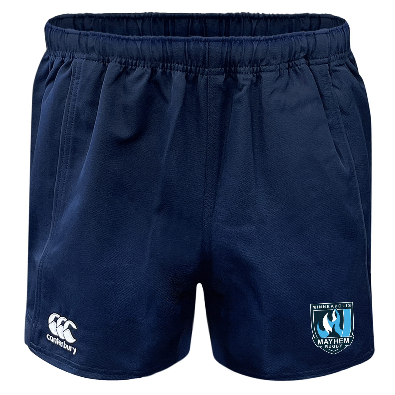 Minneapolis Mayhem Rugby Advantage Rugby Shorts by EMB Canterbury feature a navy blue design with an elastic waistband, are made from moisture-wicking fabric, and display the Canterbury logo on the left leg and the Minneapolis Mayhem Rugby logo on the right leg.