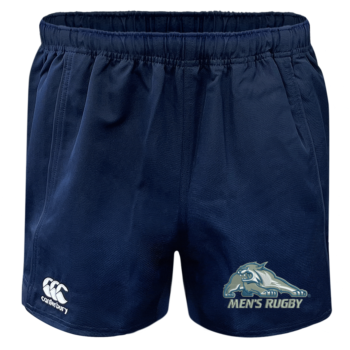 Navy blue Canterbury University of New Hampshire Advantage Rugby Shorts with an elastic waistband, featuring a logo and “Men’s Rugby” on the right leg and a brand logo on the left leg.