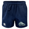 Navy blue Canterbury University of New Hampshire Advantage Rugby Shorts with an elastic waistband, featuring a logo and “Men’s Rugby” on the right leg and a brand logo on the left leg.
