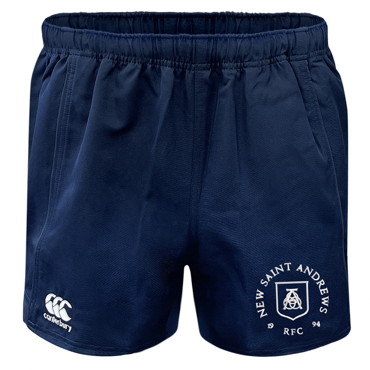 The New Saint Andrews College Advantage Rugby Shorts by EMB Canterbury feature a navy blue design with the “NEW SAINT ANDREWS RFC” logo on the right leg and a white Canterbury logo on the left leg. Crafted for durability and comfort, these shorts are ideal for intense play on the field.