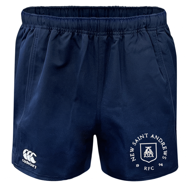 The New Saint Andrews College Advantage Rugby Shorts by EMB Canterbury feature a navy blue design with the “NEW SAINT ANDREWS RFC” logo on the right leg and a white Canterbury logo on the left leg. Crafted for durability and comfort, these shorts are ideal for intense play on the field.