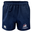 Navy blue SUNY Maritime Men’s Rugby Advantage Rugby Shorts by Canterbury with a logo on the left leg and a brand mark on the right leg.