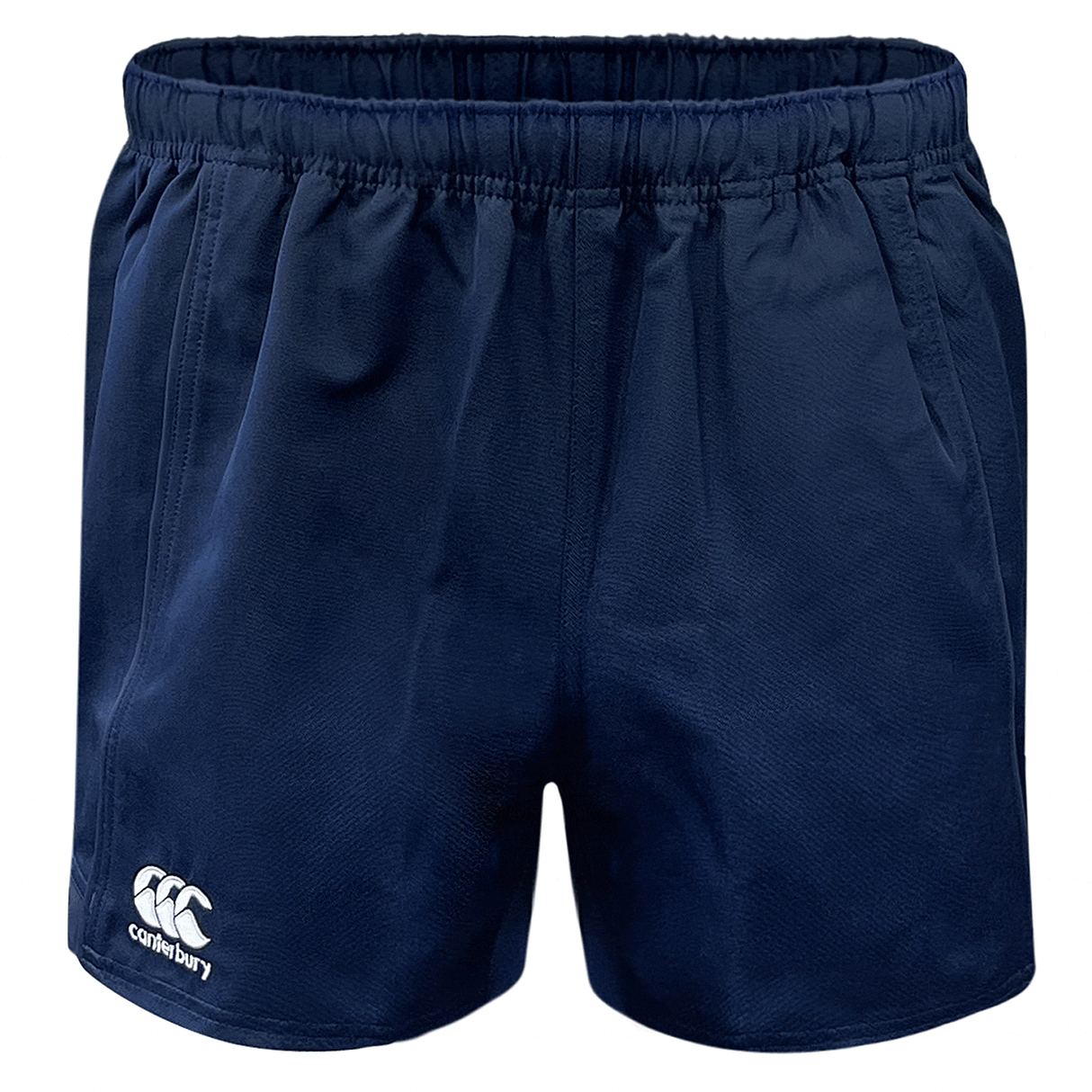 Navy blue Advantage shorts from Canterbury's 3-Pack Bundle, featuring an elastic waistband and a logo on the left leg.
