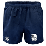Navy blue Advantage Rugby Shorts by EMB Canterbury with an elastic waistband and a white logo on the left leg, featuring a shield emblem on the right.