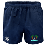 Navy blue Twin Island Rugby Advantage rugby shorts with a EMB Canterbury Rugby logo on the left leg and a palm tree graphic on the right leg.