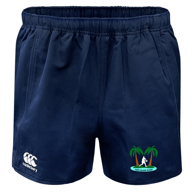 Navy blue Twin Island Rugby Advantage rugby shorts with a EMB Canterbury Rugby logo on the left leg and a palm tree graphic on the right leg.
