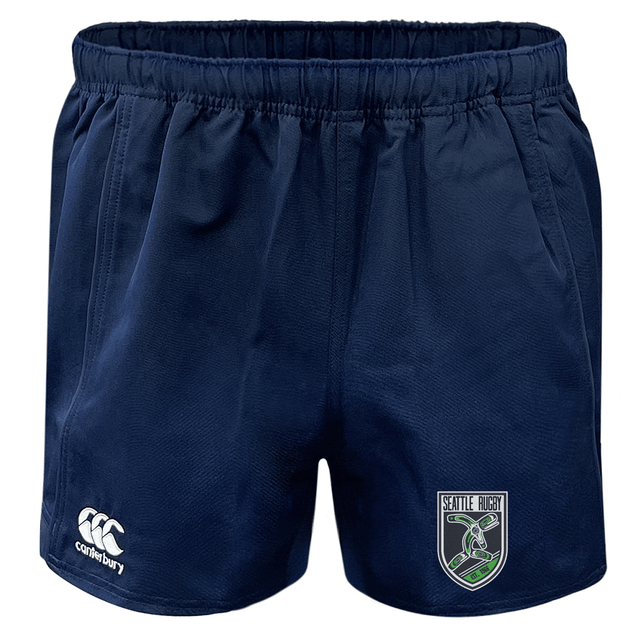Navy blue Seattle Rugby Club Advantage Rugby Shorts by EMB Canterbury with an elastic waistband and moisture-wicking fabric, featuring a Seattle rugby logo on the left leg and the Canterbury logo on the right.